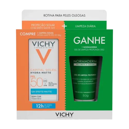 Kit Vichy Protetor Solar Facial Capital Soleil Hydra-Matte Sem Cor FPS 50 30g + Gel de Limpeza Facial Normaderm 50g